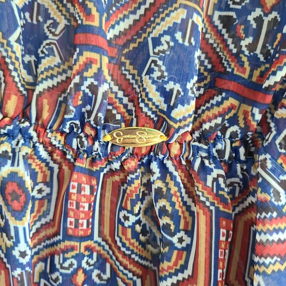 Jessica Simpson Sheer Tunic Blouse L Blue Red Ruffles Sheer Elastic Waist Boho - Picture 7 of 12